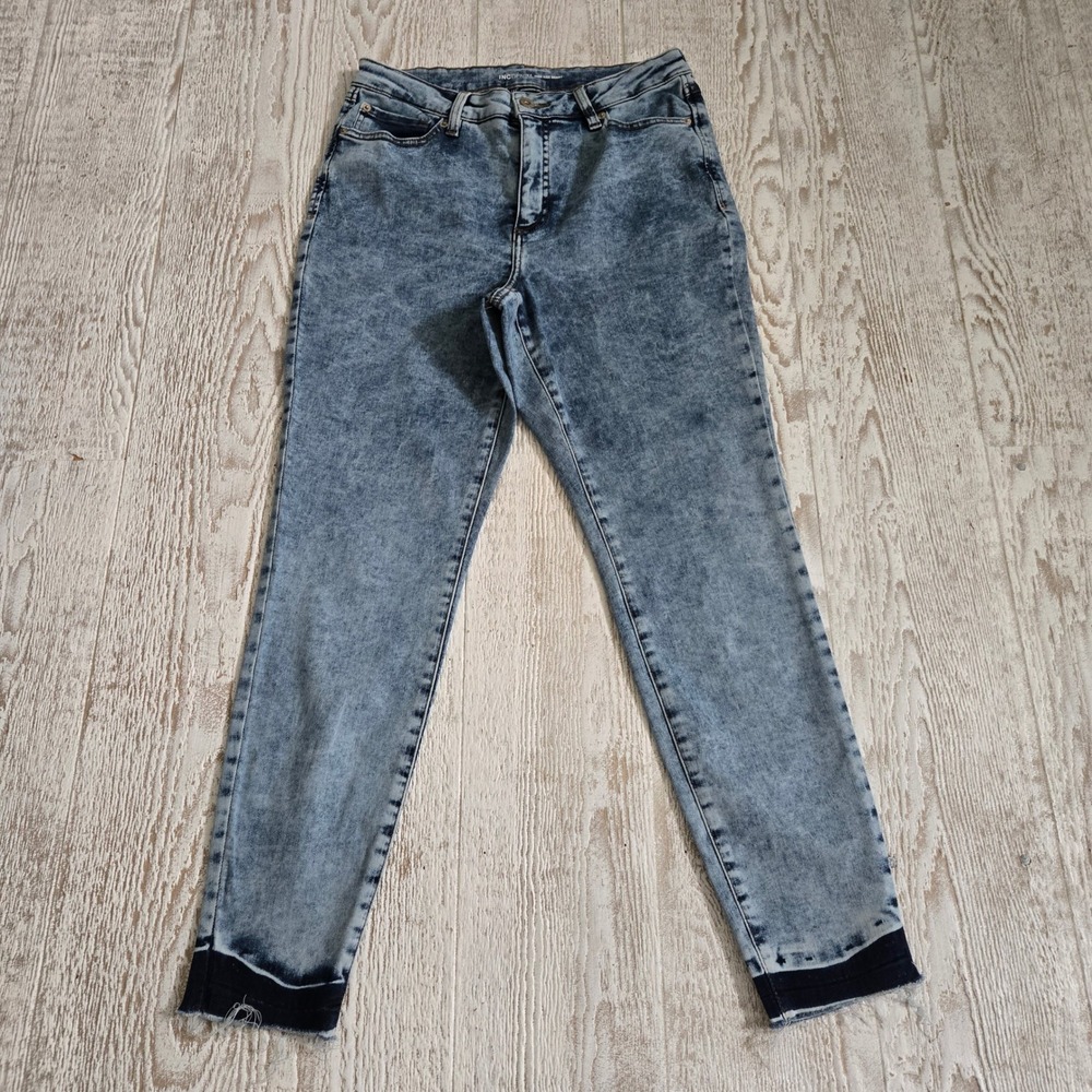 INC International Concepts High Rise Skinny Jeans Acid Wash Raw Hem Blue Size 12